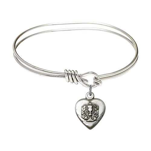 Youth Girl 5 3-4&amp;quot; Rhodium Plated Bangle Bracelet with Heart - First Communion Charm