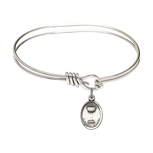 Youth Girl 5 3-4&amp;quot; Rhodium Plated Bangle Bracelet with First Communion Charm