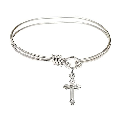Youth 5 3-4&amp;quot; Rhodium Plated Bangle Bracelet with Cross Charm