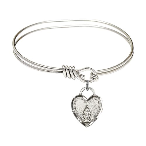 Youth 5 3-4&amp;quot; Rhodium Plated Bangle Bracelet with Miraculous Heart Medal Charm