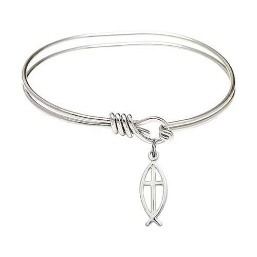 Youth 5 3-4&amp;quot; Rhodium Plated Bangle Bracelet with Fish - Cross Charm
