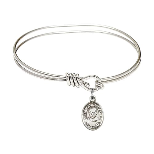 Youth 5 3-4&amp;quot; Rhodium Plated Bangle Bracelet with St. Maximilian Kolbe Medal Charm