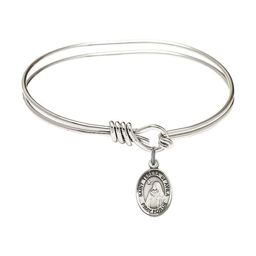 Youth 5 3-4&amp;quot; Rhodium Plated Bangle Bracelet with St. Teresa of Avila Medal Charm