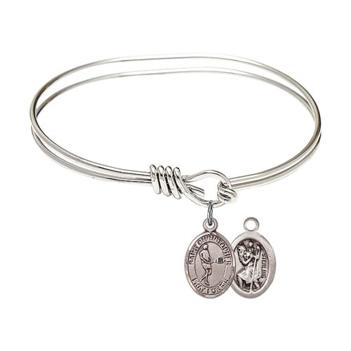 Youth 5 3-4&amp;quot; Rhodium Plated Bangle Bracelet with St. Christopher-Tennis Medal Charm