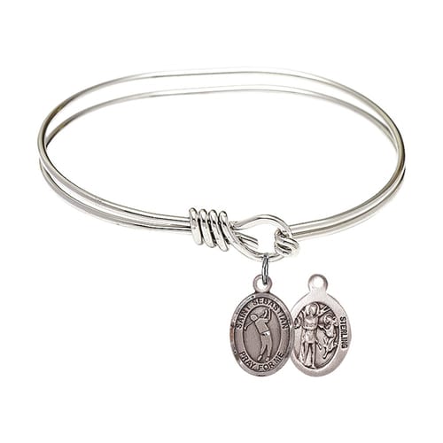 Youth 5 3-4&amp;quot; Rhodium Plated Bangle Bracelet with St. Sebastian-Golf Medal Charm