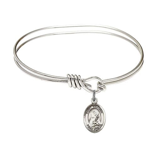 Youth 5 3-4&amp;quot; Rhodium Plated Bangle Bracelet with St. Victoria Medal Charm