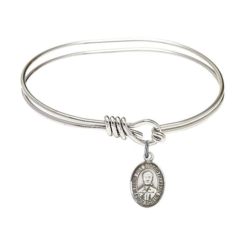 Youth 5 3-4&amp;quot; Rhodium Plated Bangle Bracelet with Blessed Pier Giorgio Frassati Medal Charm