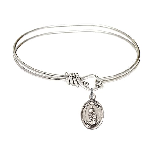 Youth 5 3-4&amp;quot; Rhodium Plated Bangle Bracelet with St. Anne Medal Charm