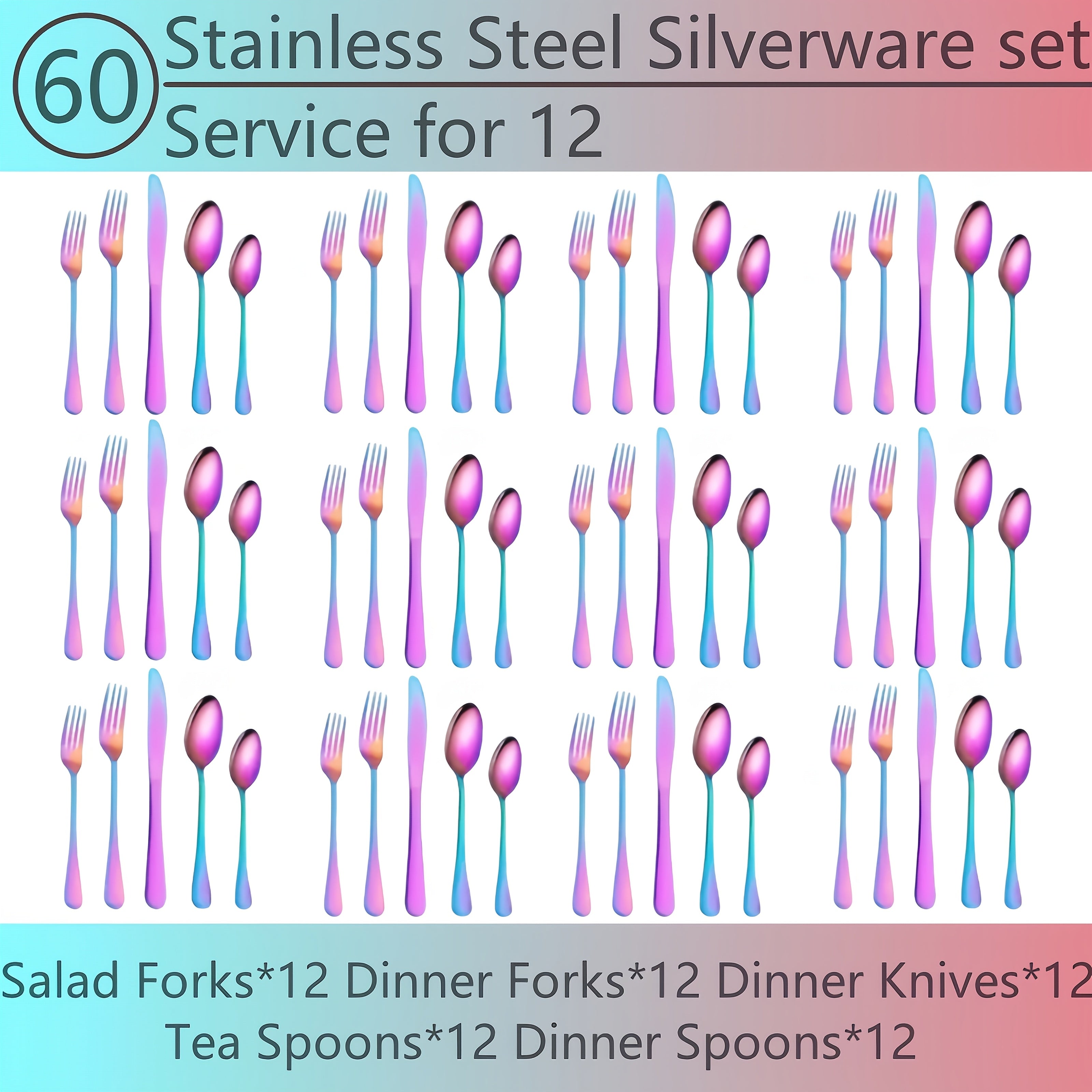 TEMU 60-20pcs Of Mirror Polished Stainless Steel Tableware Set For 12 People - Titanium Plated Dishwasher Safe Cutlery Set With Knife , Utensils For