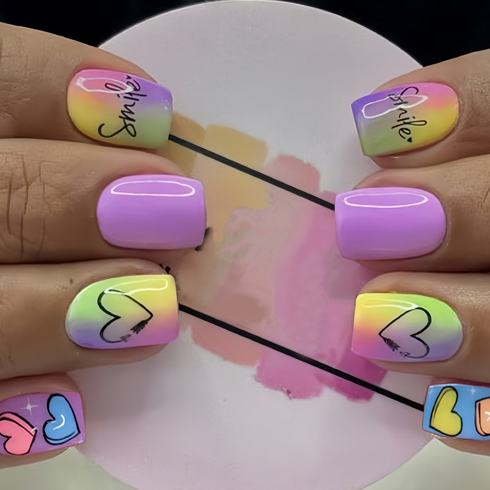 TEMU 24pcs Short Square Nails, Valentine's Day Style Macaron Color Love Letter Design Fake Nails, Mixed , Purple, Glossy, Heart & Holiday Elements