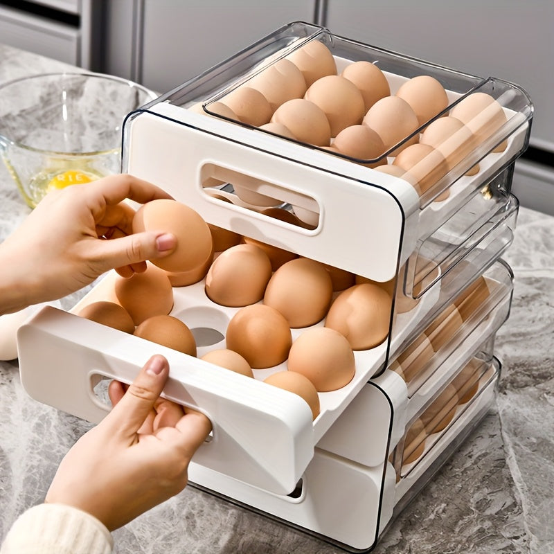 TEMU Large 32-grid Transparent Double-layer Egg Storage Box With Sliding Drawer - Heavy-duty Pet+pp Refrigerator Organizer, Space-saving Fridge Egg
