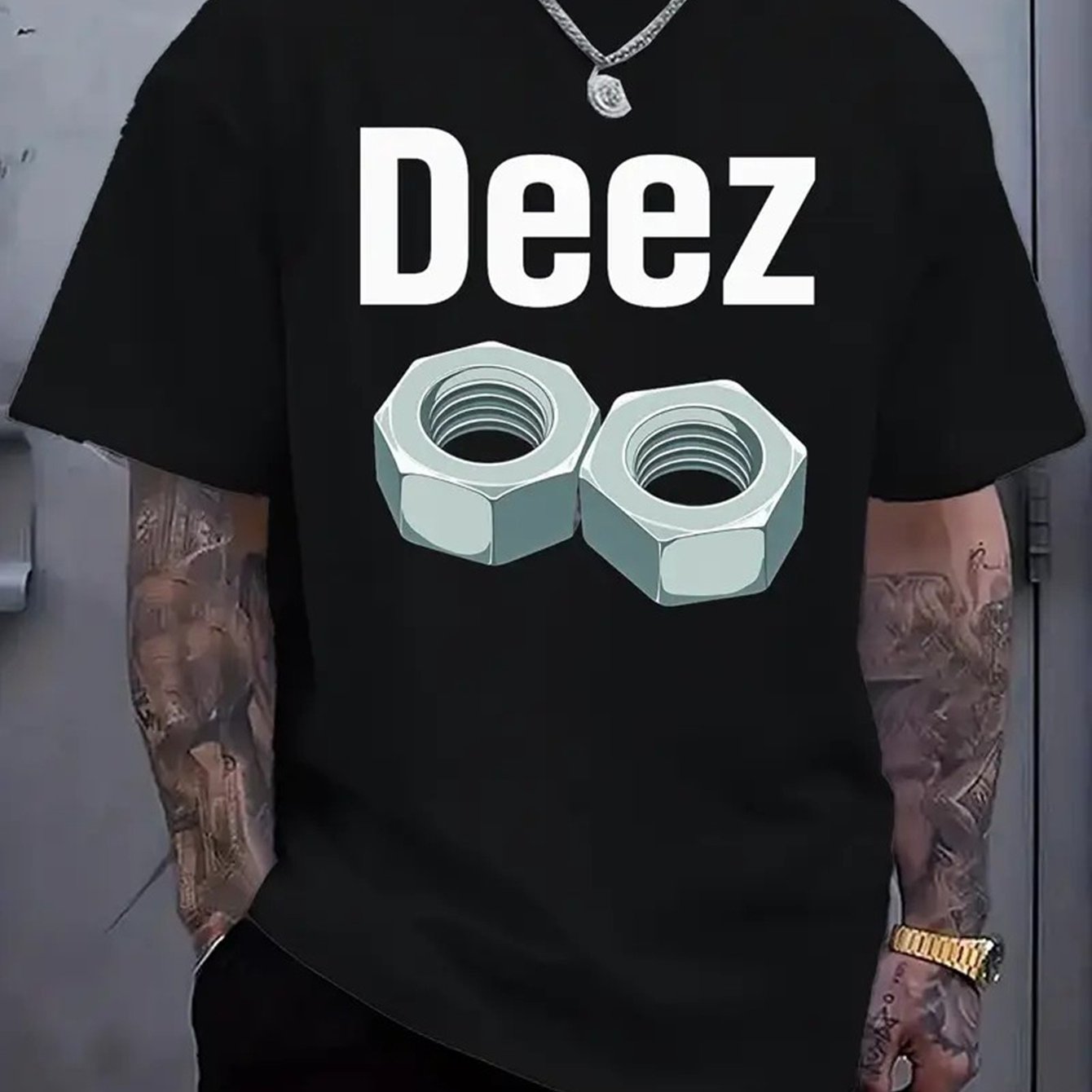 TEMU Men's Heavyweight Cotton T-shirt - Big & Tall Sizes - Black Tee With Graphic - Everyday Casual & Party Wear - Machine Washable Crewneck Shirt -