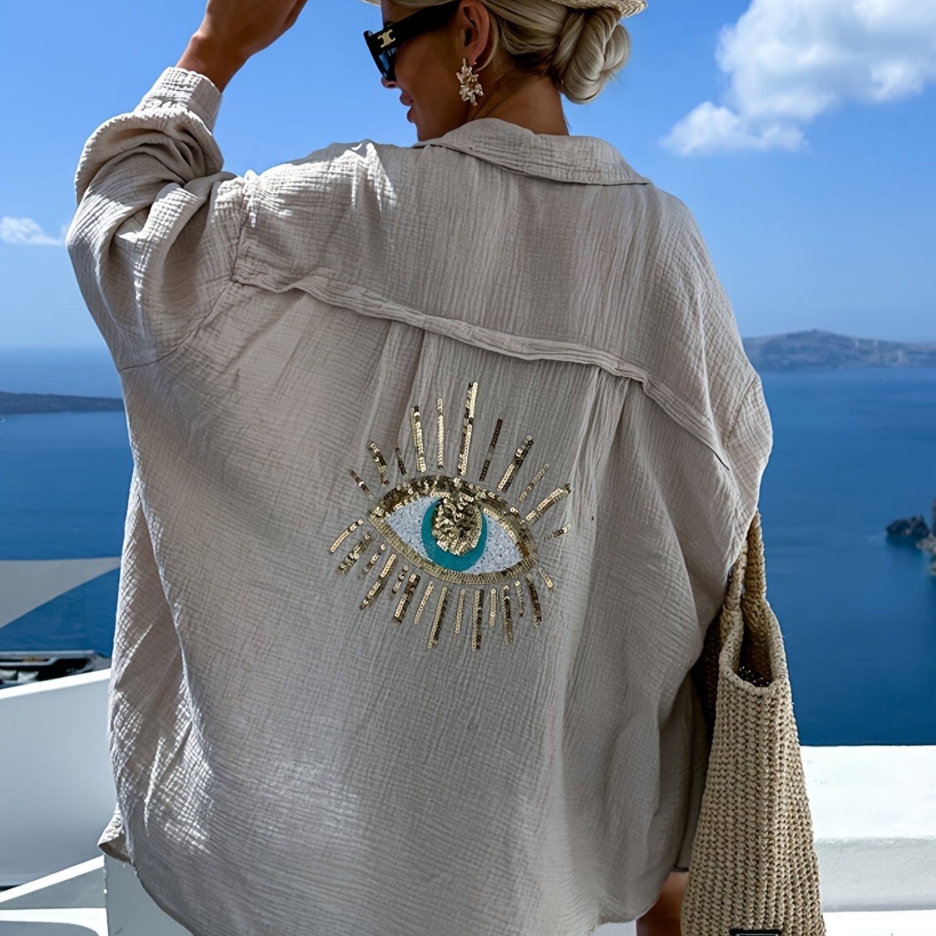 TEMU Fashion Spring Summer Women Casual V-neck Shirt Beach Cardigan Sequins Loose Long Sleeve Women