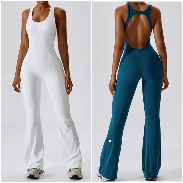 8117 Womens Jumpsuits One Piece Yoga Outfits Bell-bottoms Pants Sleeveless Close-fitting Dance Jumpsuit Exercise Long Pants Breathable