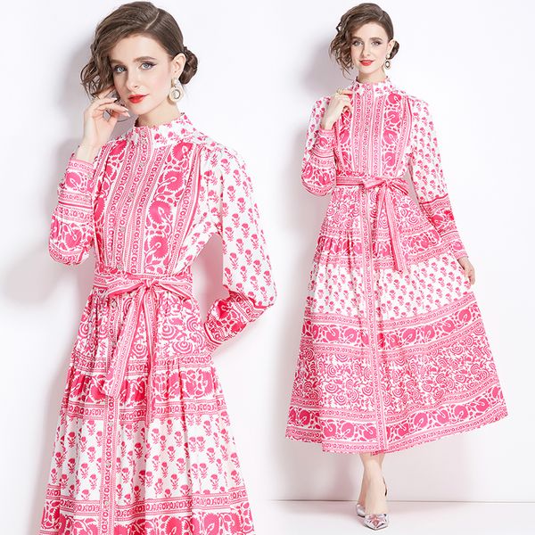 Designer Vintage Floral Long Dresses Women Full Sleeve Button Down Paryty Maxi Shirt Dresses Elegant Mock Neck A-Line Casual Office Cocktail