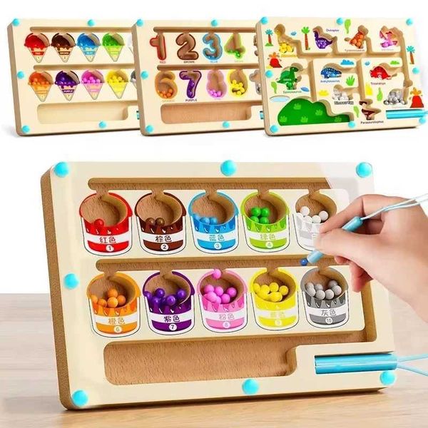 Intelligence toys Montessori Magnetic Color Sorting Games Maze Board Pen Moving Bead Games Wooden Control Sensory Play Educational Toys for