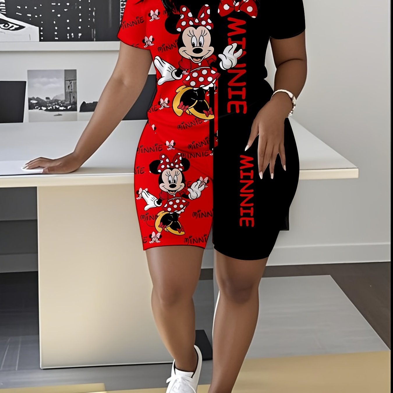 TEMU 2pcs Women's Mouse Summer Short Sleeve Set- Licensed Cartoon Design, 3d Printed Short Sleeve T-shirt & Shorts Comfortable Great For Outdoors &