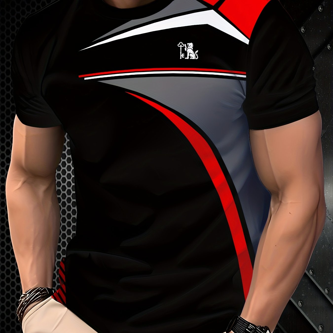 TEMU Men's Stylish Black Short-sleeve T-shirt With Red And Blue - Casual Crew Neck, For Casual Attire