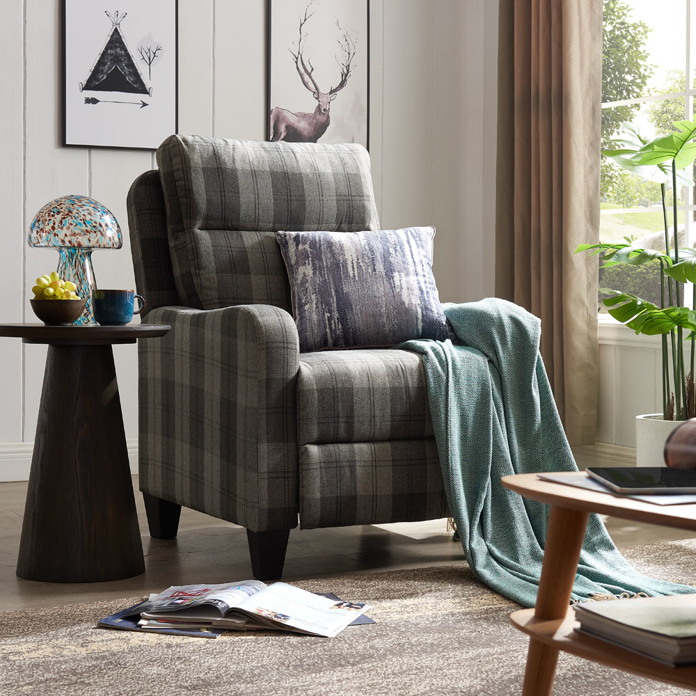 Lennox High Back Recliner Armchair Grey Tartan Sofa