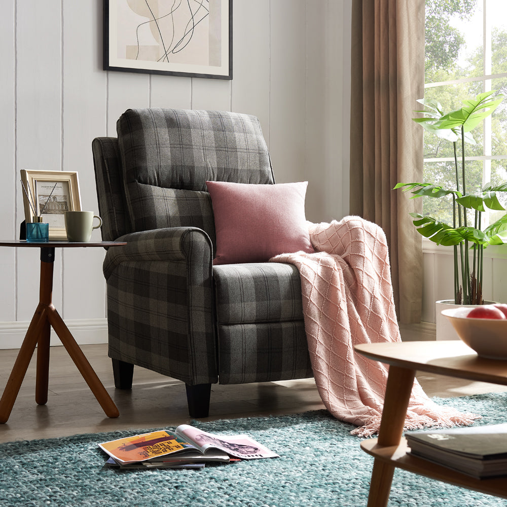 Evan  High Back Recliner Armchair Grey Tartan Sofa
