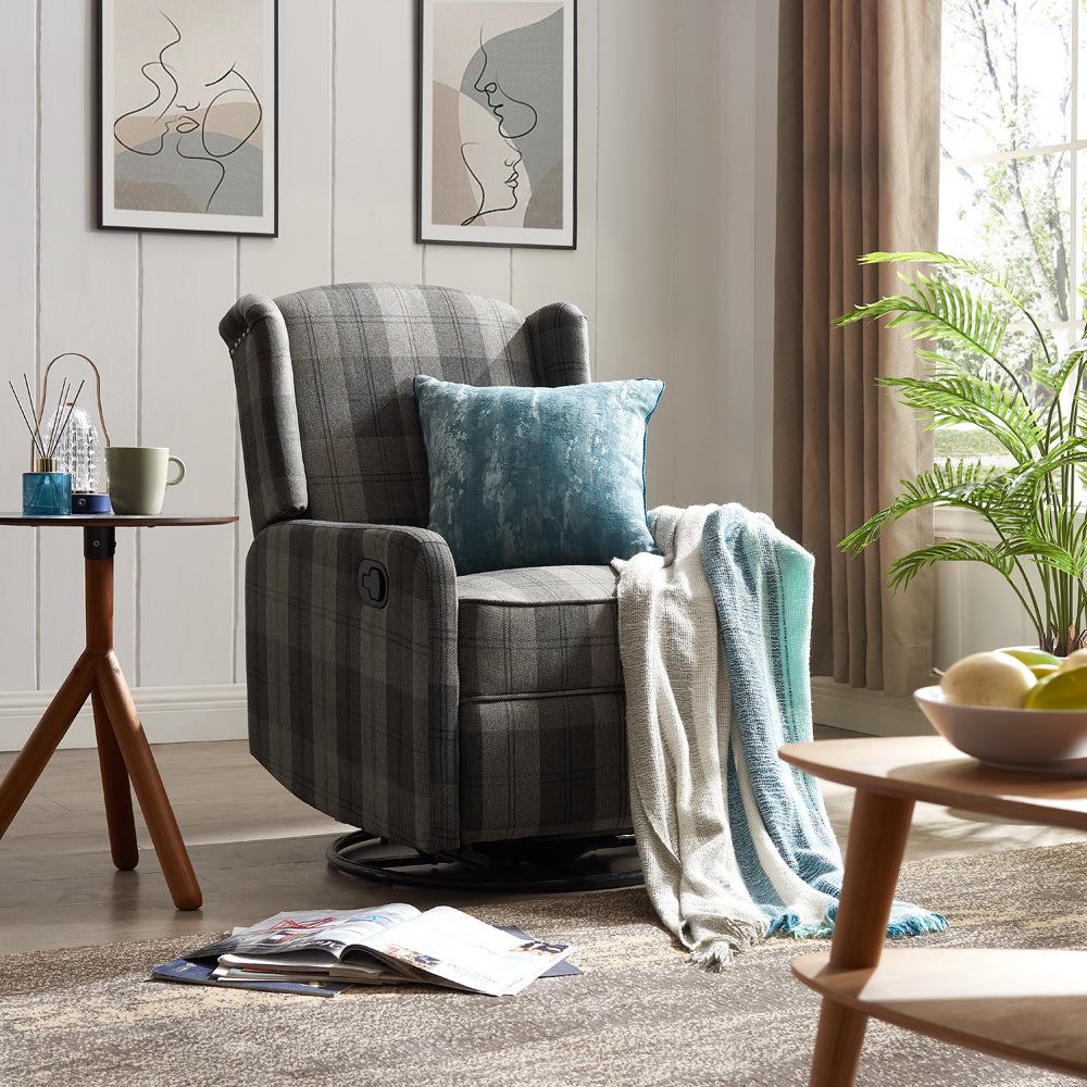 Charles Recliner Armchair Grey Tartan Wing Back Sofa With Adjustable Footrest