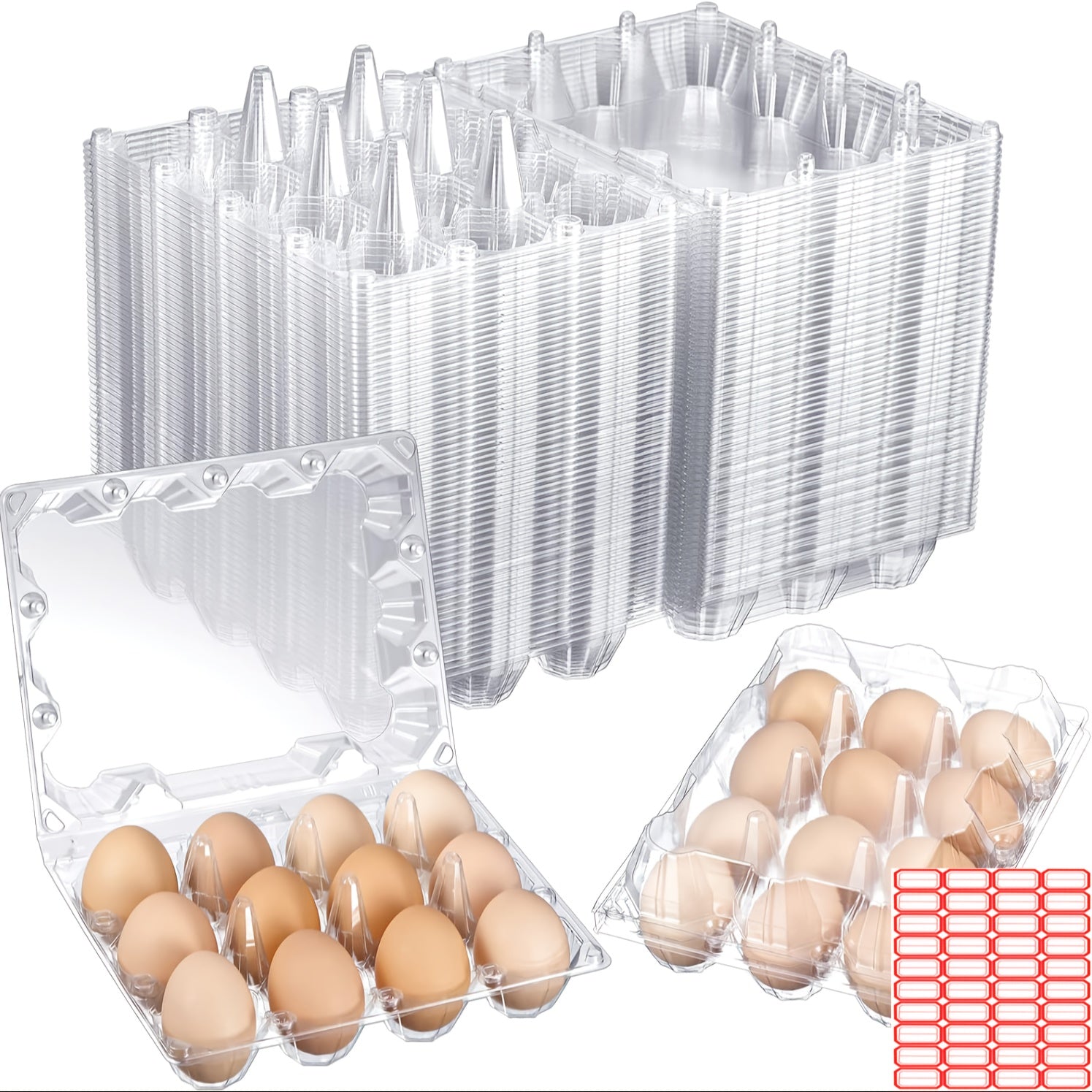 TEMU 52 Transparent Egg Boxes Plastic Bulk Empty Egg Tray With Egg Sticker Label, For Poultry Farm Commercial Refrigerator Storage Blank Transparent