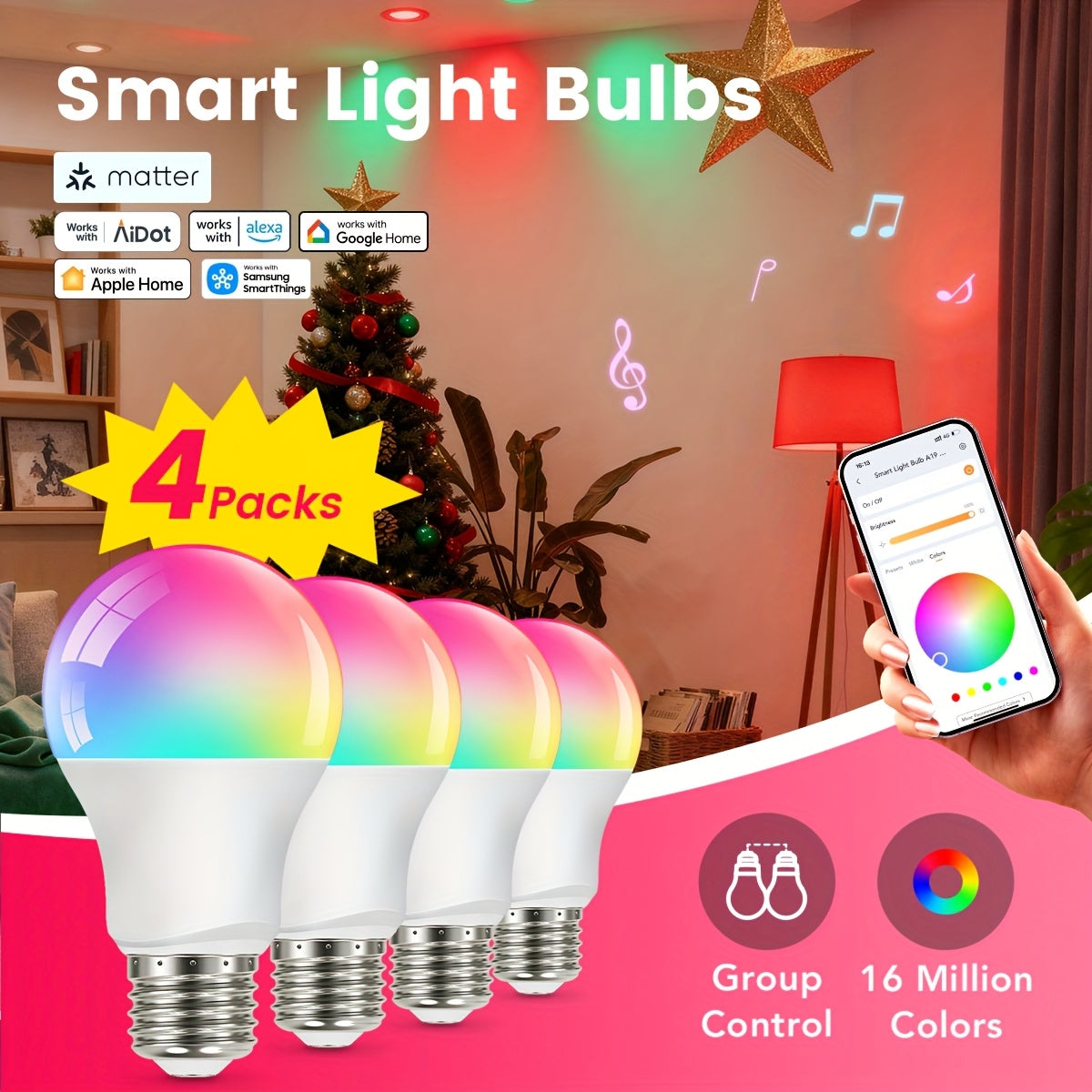 TEMU Syvio 4pack Smart Light Bulbs, Rgbtw Color Changing Led A19 Bulbs, 780lm, , Google Home, Home, For Bedroom, Living Room, Living Room Decor,