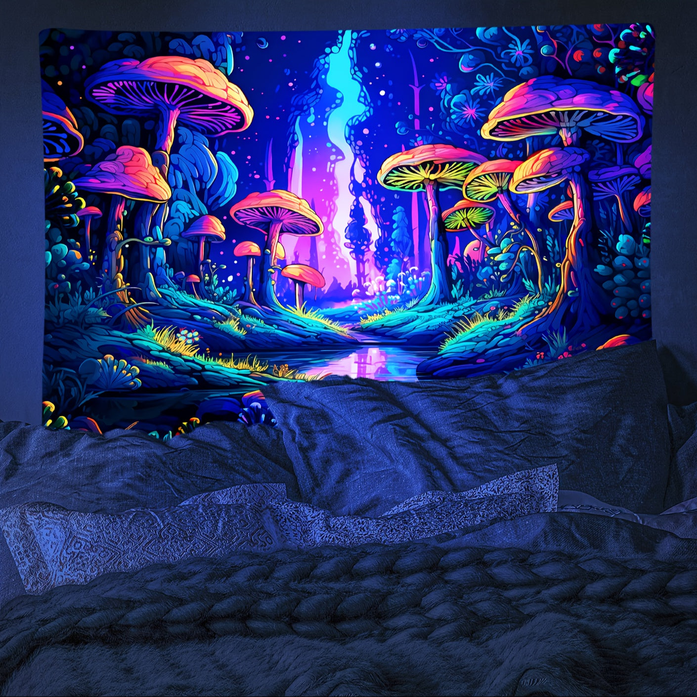 TEMU 1pc Mushroom Forest Plants Fluorescent Tapestry, Colorful Aesthetics Uv Blacklight Tapestry, Wall Hanging For Living Room Bedroom Office Home