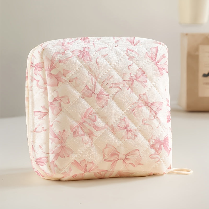 TEMU Pink Printed Diamond Portable Large Capacity Sanitary Napkin Storage Bag, Suitable For Headphones And Small Accessories, With Zipper Closure