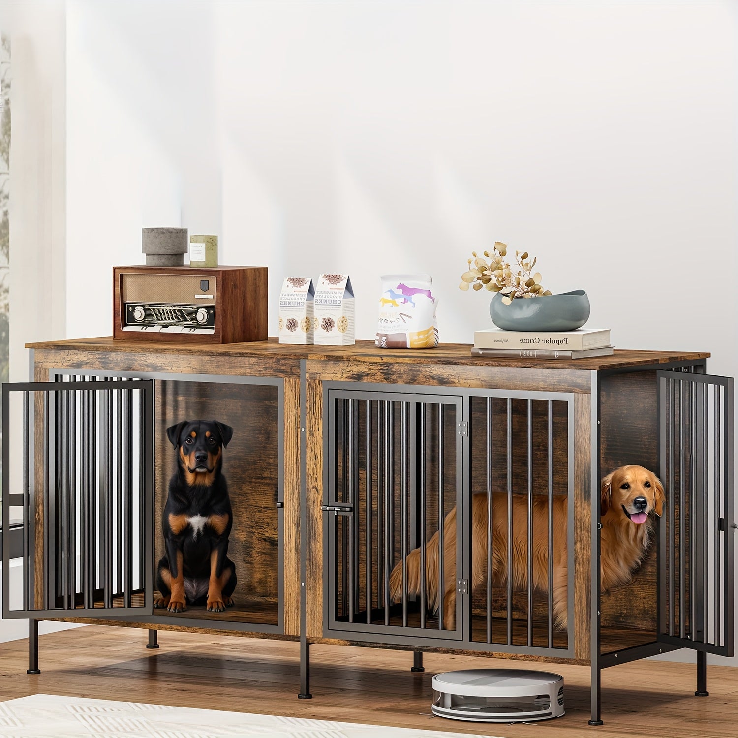 TEMU Xxl 78" Dog Cage Furniture For 2 Large-medium Dogs - Thick Wooden Frame & Iron Construction, Removable Divider, , Durable Sturdy Design, Brown