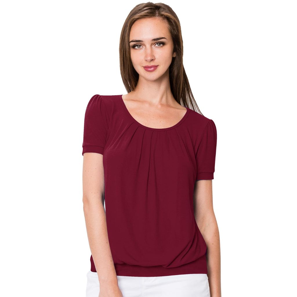 Women's Scoop Neck Short Sleeve Front-Pleated Blouse - WINE - XXXL