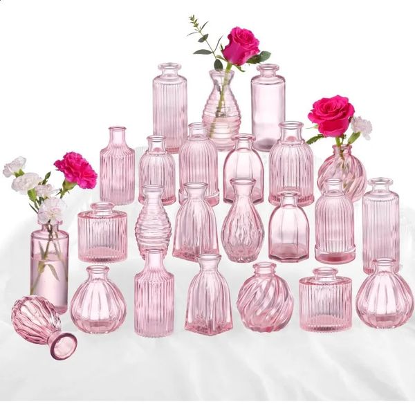 Pink vases small glass for fresh flowers modern ribbed flower bud decoration 240820