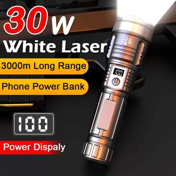 High Strong Power 30w Led Flashlights 3000m Zoom Tactical Light Emergency Spotlights Telescopic Torch With Built-in battery Y240731