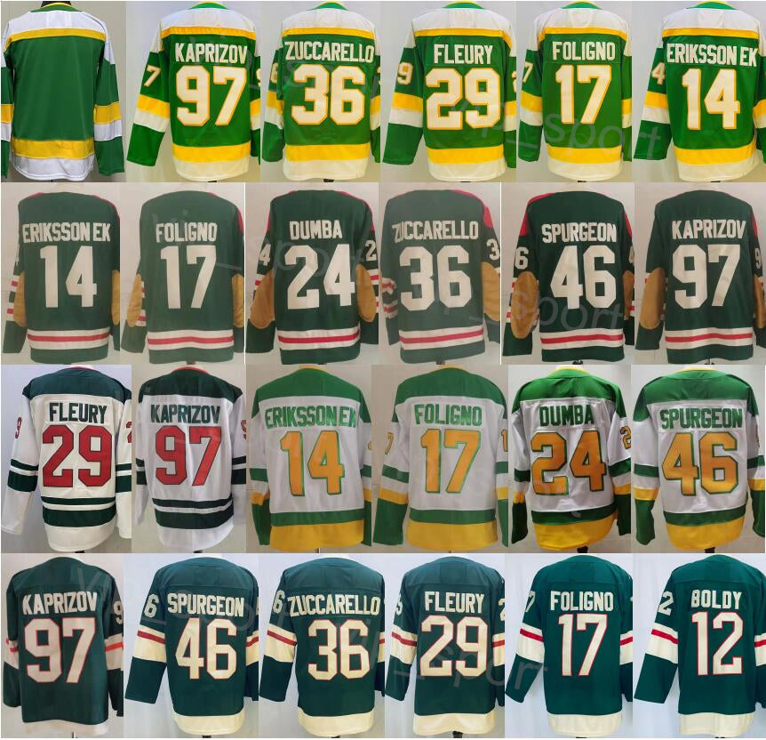 Reverse Retro Hockey 46 Jared Spurgeon Jerseys 17 Marcus Foligno 29 Marc-Andre Fleury 14 Joel Eriksson Ek 12 Matt Boldy 97 Kirill Kaprizov Mats Zucc