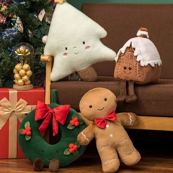 Christmas Gingerbread Plush Pillow Stuffed Toy Cartoon Doll Chocolate Cookie Cabin House Decor Cushion Xmas Party Ornaments Gift 241210