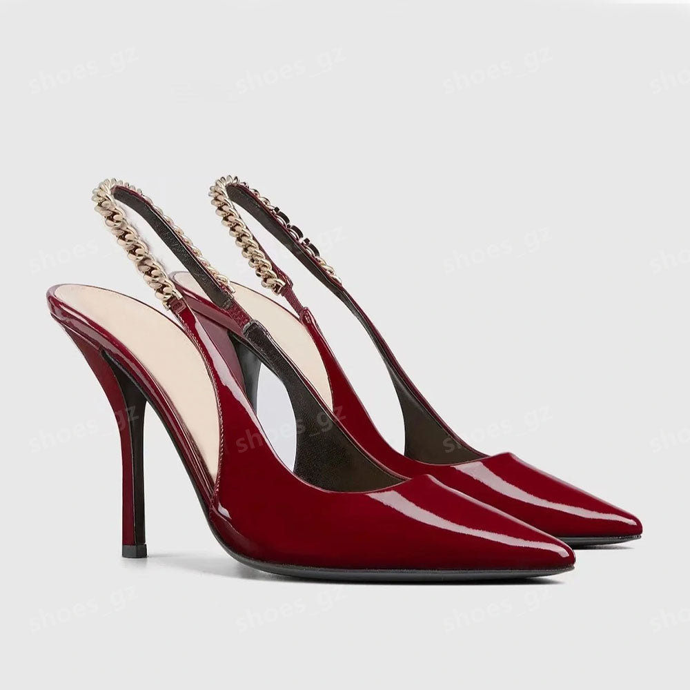 High quality Slingback calfskin Burgundy patent Leather Pumps shoes stiletto Heels pointed toe sandals women&#039;s Luxury Designer Evening Dress sh