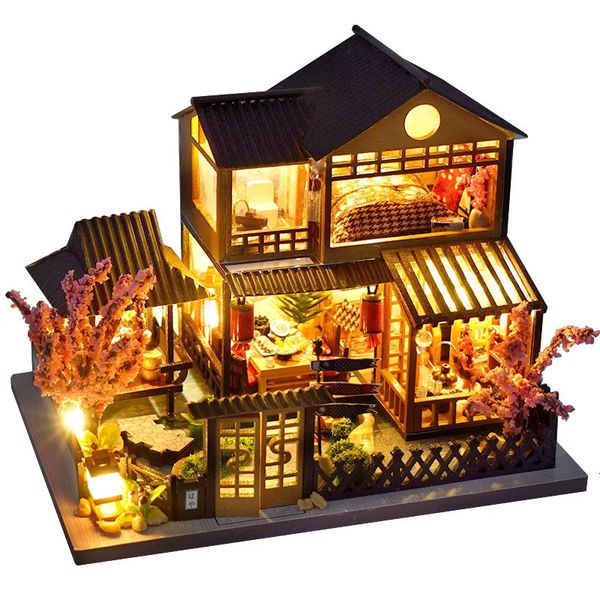 Diy Mini Wooden Dollhouse with Furniture Lamp Set Casa Accessories Handmade Toys Birthday Gift 241211