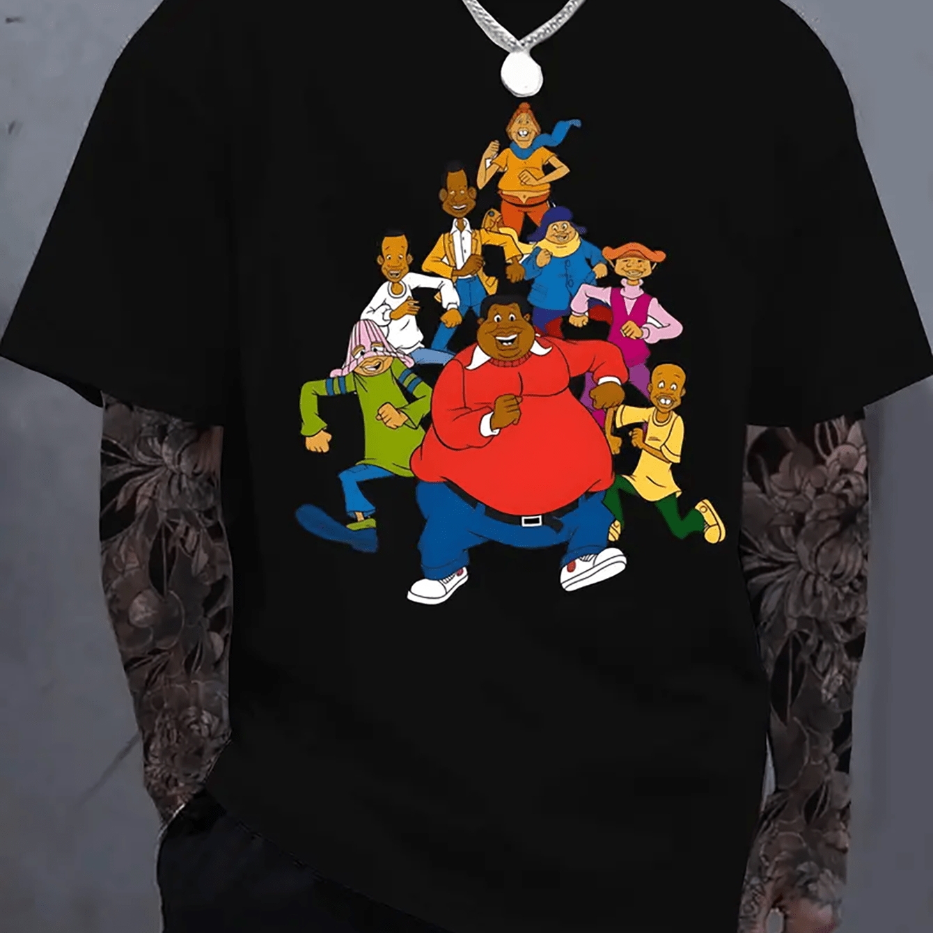 TEMU Men's Plus Size T-shirt | 100% Cotton, Loose Fit | Black With Colorful Cartoon Graphic | Round Neck, Short Sleeve | | Machine Washable | For