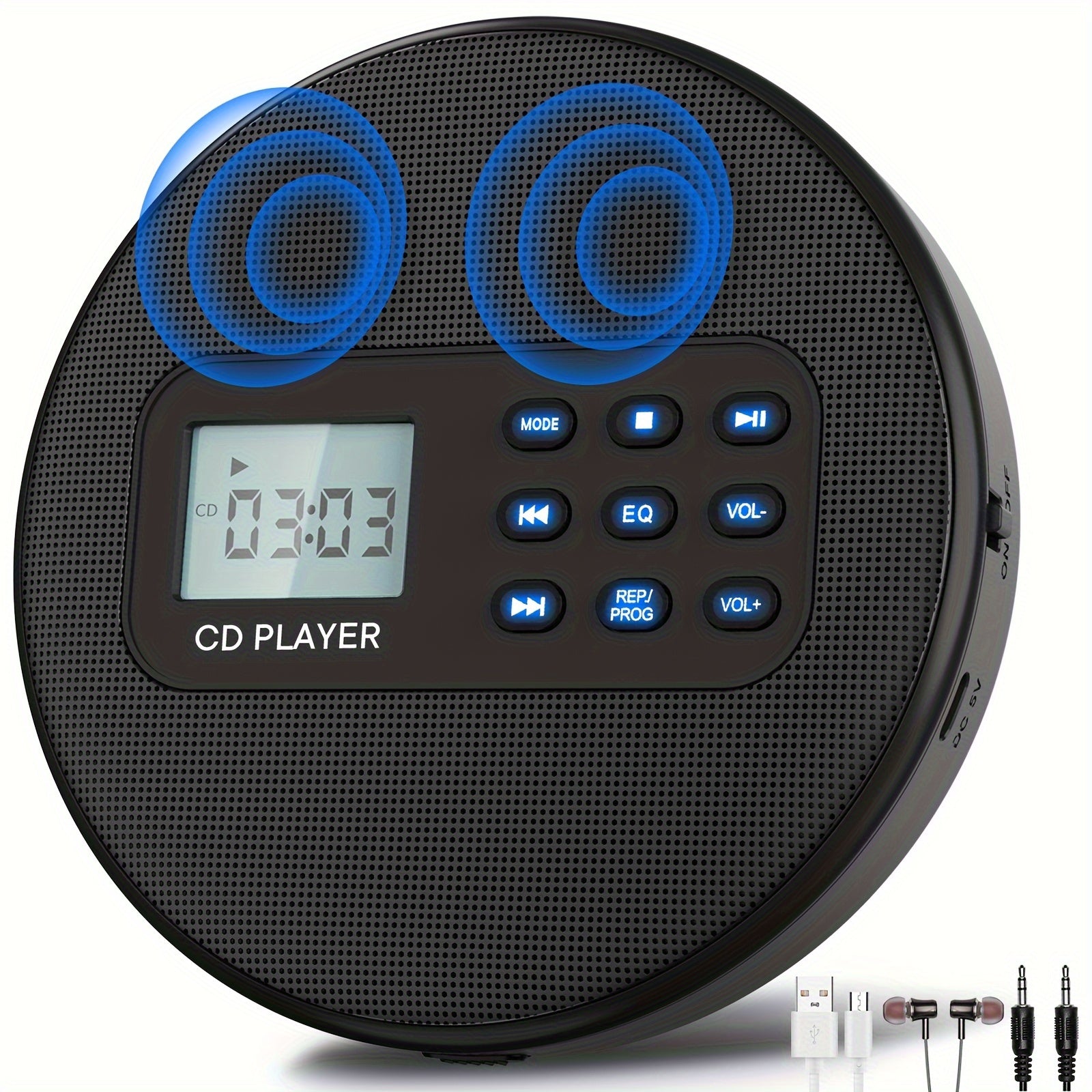 TEMU Cd Player For Car: Rechargeable Cd Player With Stereo Speakers And Anti-skip Protection Cd Player With Headphones Lcd Display With Backlight
