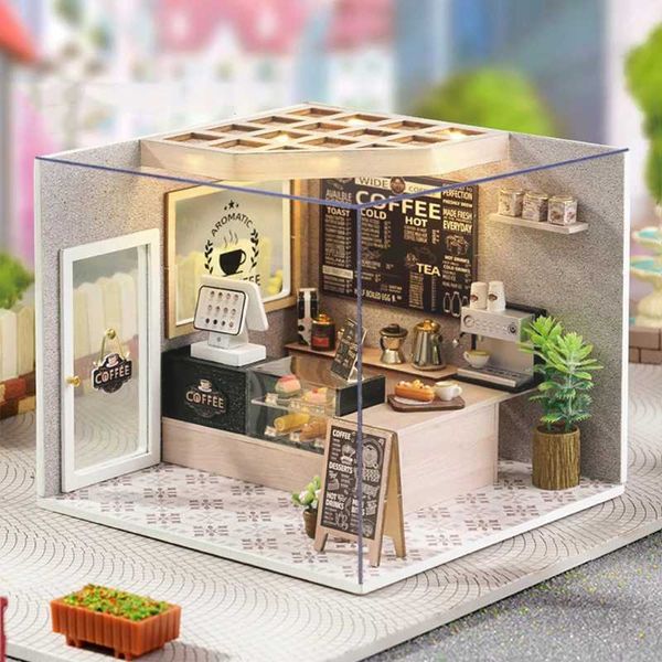 Cutebee DIY Dollhouse Kit with Furniture and Light Coffee Shop Miniature Doll House Wooden Model Toy for Adult Birthday Gifts M240824
