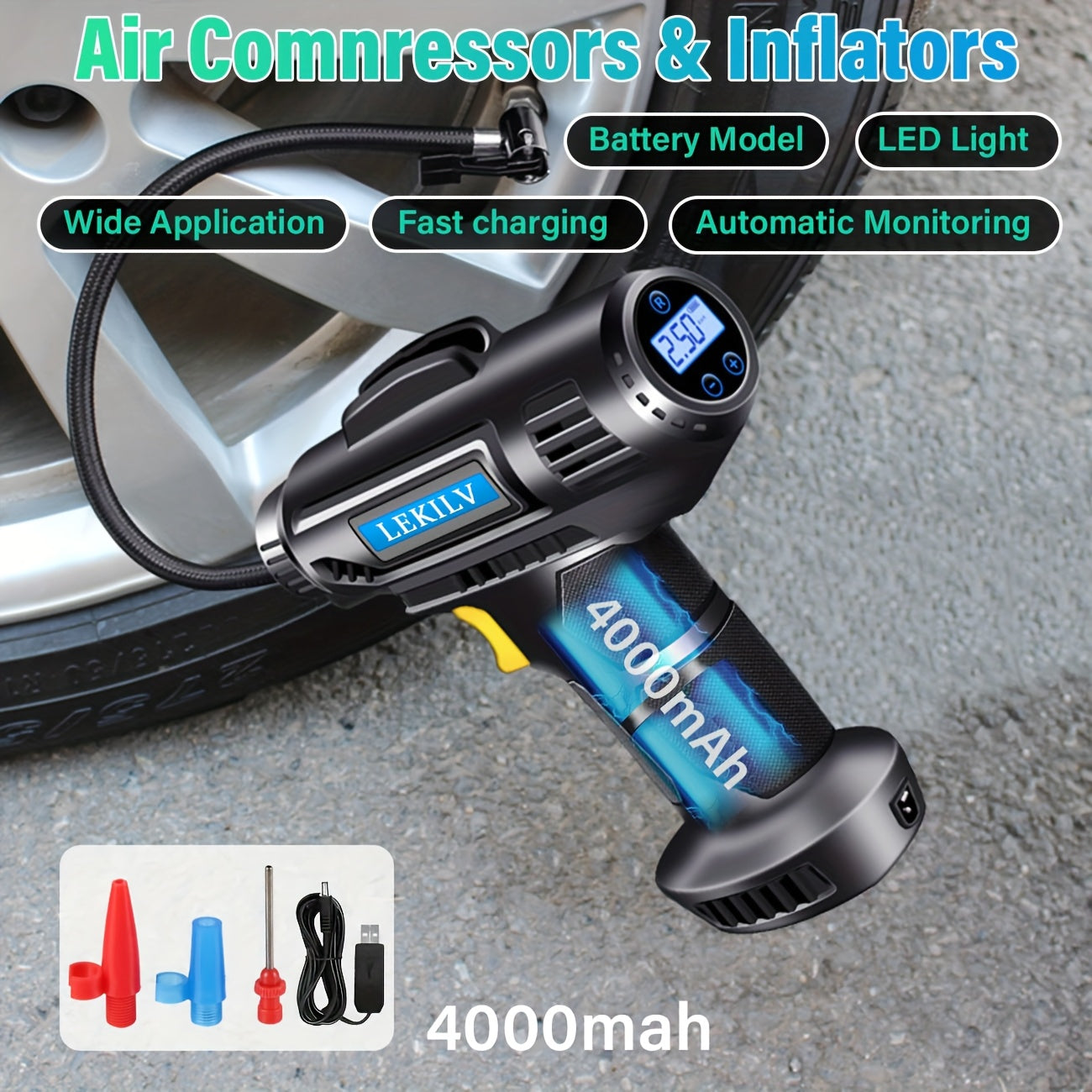 TEMU 1 Air Pump For Car Tires, Tire Inflator Portable, 101-150psi, With Digital Display, 2000mah*2 Battery Capacity, Led Light, Nozzle Adapter For