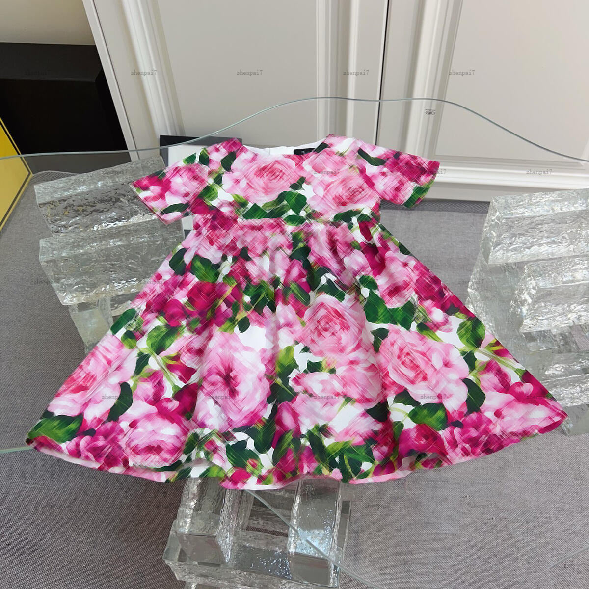 Top girls dress short sleeves Floral print Princess dress kids designer clothes Summer Round collar baby skirt A001X01N014-b