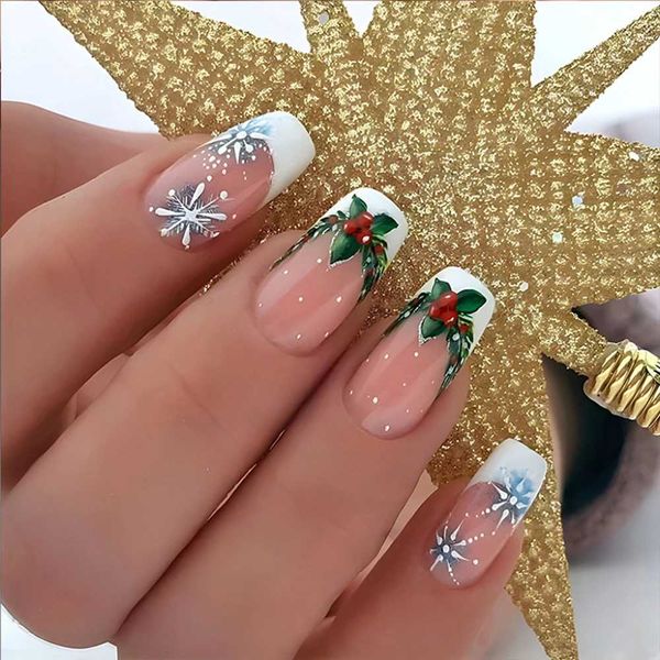 Christmas Press on Nails Green Red Christmas False Nails Reusable Acrylic Fake Nails 24pcs False Nail Set Almond Nail CharmXJ241128
