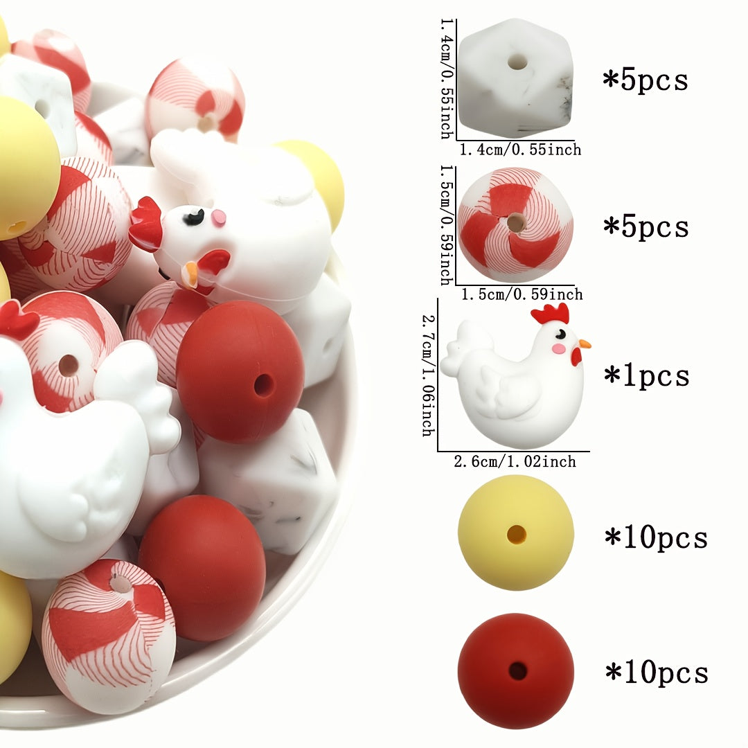 TEMU 31pcs Chicken Series Mixed Focus Silicone Bead Decorative Beads For Diy Crafts, Bag Chains, Phone Straps, Bracelets, Necklaces, And Keychains
