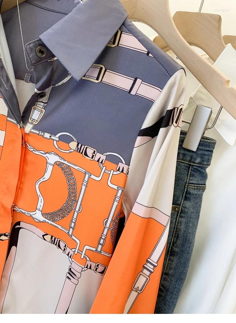 Womens Blouses Design Imitation Silk Orange Grey 2025 Summer Long Sleeves Shirt For Women Elegant Fashion Lady Top Clothes001