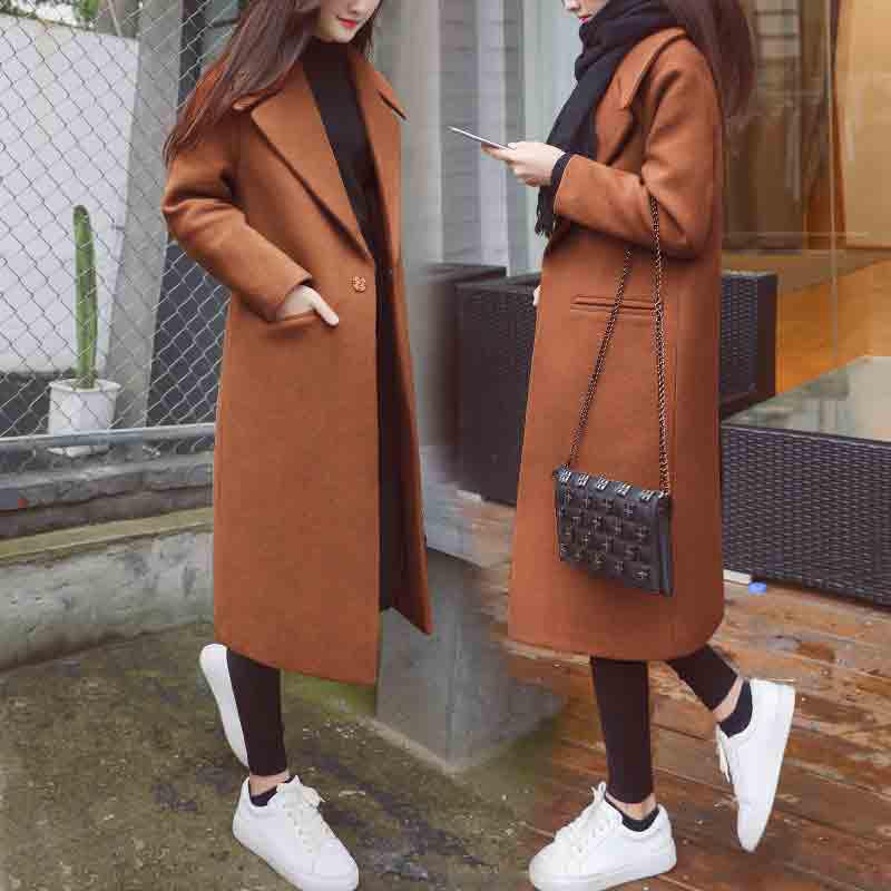 Women&#039;s Wool & Blends Coat Black Long Autumn And Winter Woolen Trench Turn Down Collar College Style Woman Parkas Casual Formal 2023