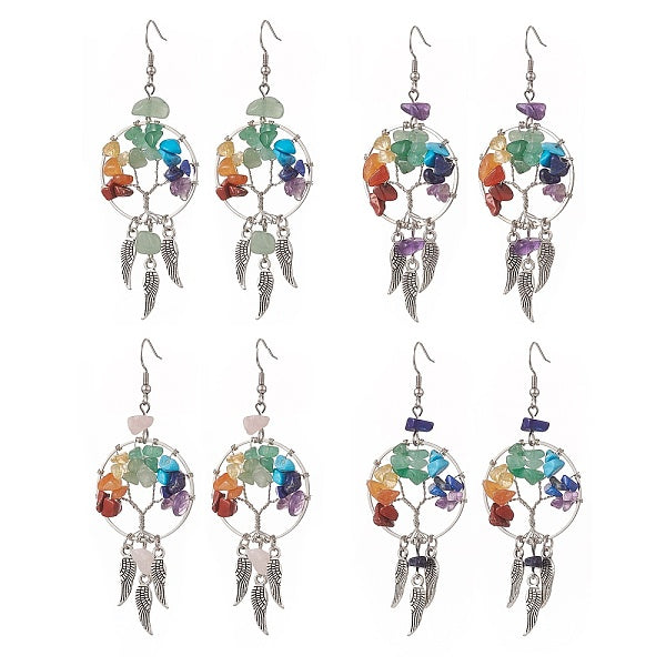 Natural & Synthetic Mixed Gemstone Chips Tree of Life with Alloy Feather Chandelier Earrings