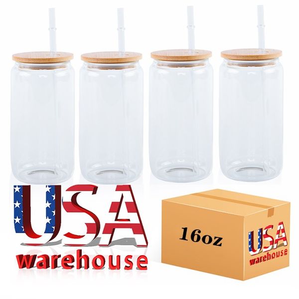 USA CA Stock 16oz Sublimation Glass Mugs Water Bottles Cup Blan With Bamboo Lid Frosted Beer Can Glasses Tumbler Mason Jar Plastic Straw JY3