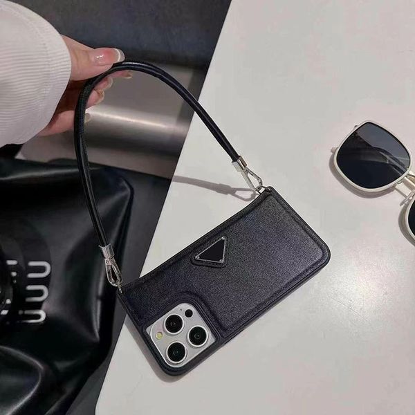 iPhone 15 Promax Case Designer Phone Cases for Apple 14 13 Luxury PU Leather Milk-textured Wrist Band Strap Lanyard Handbag Crescent Cute Ba