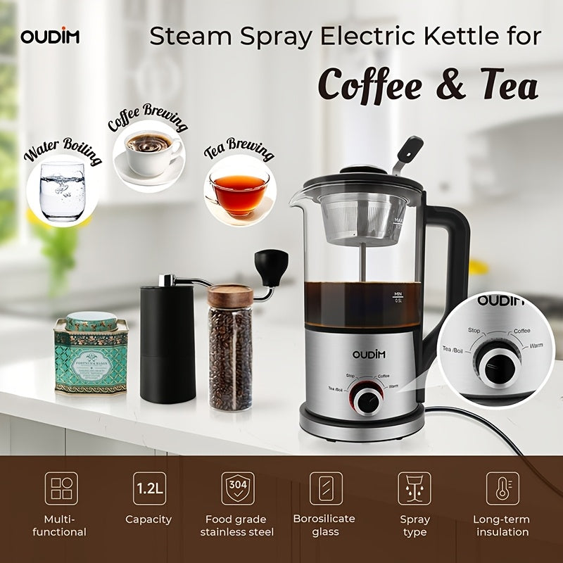 TEMU 1pc Oudim Electric Coffee Maker, 1.2l Glass And Stainless Steel Drip Plunger Boiling, 600w, 110-130v Us Plug, Heat Resistant Borosilicate,